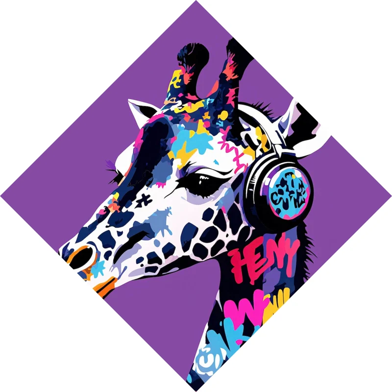Aluminiumbild Moderne Giraffe mit Kopfhörern Kunst Raute