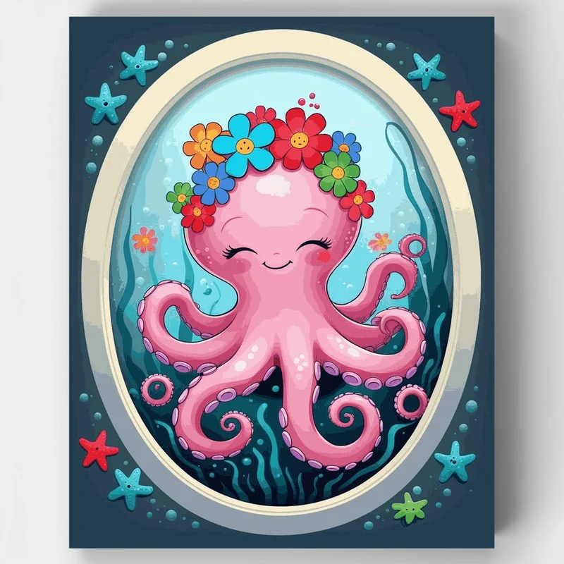 Adorable Pink Octopus with Flower Crown - Paint by Numbers Kit