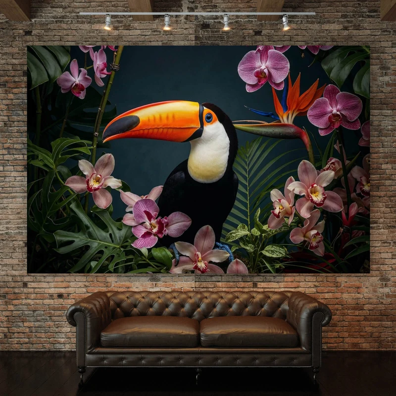 Leinwandbild Exotischer Vogel mit tropischen Pflanzen Querformat