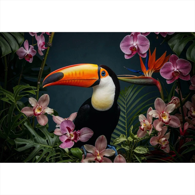 Leinwandbild Exotischer Vogel mit tropischen Pflanzen Querformat