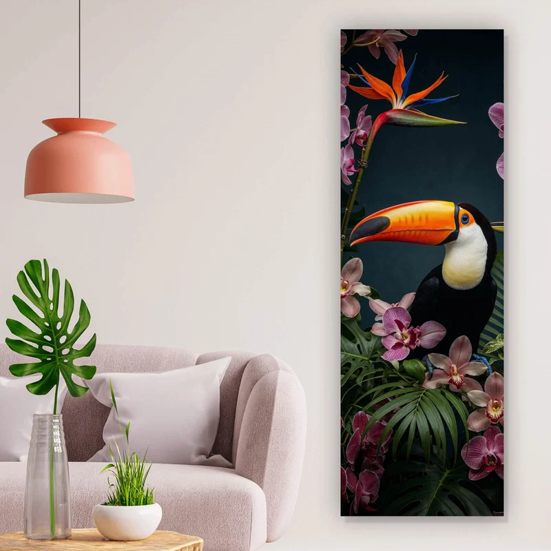 Spannrahmenbild Exotischer Vogel mit tropischen Pflanzen Panorama Hoch