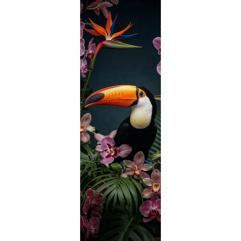 Poster Exotischer Vogel mit tropischen Pflanzen Panorama Hoch