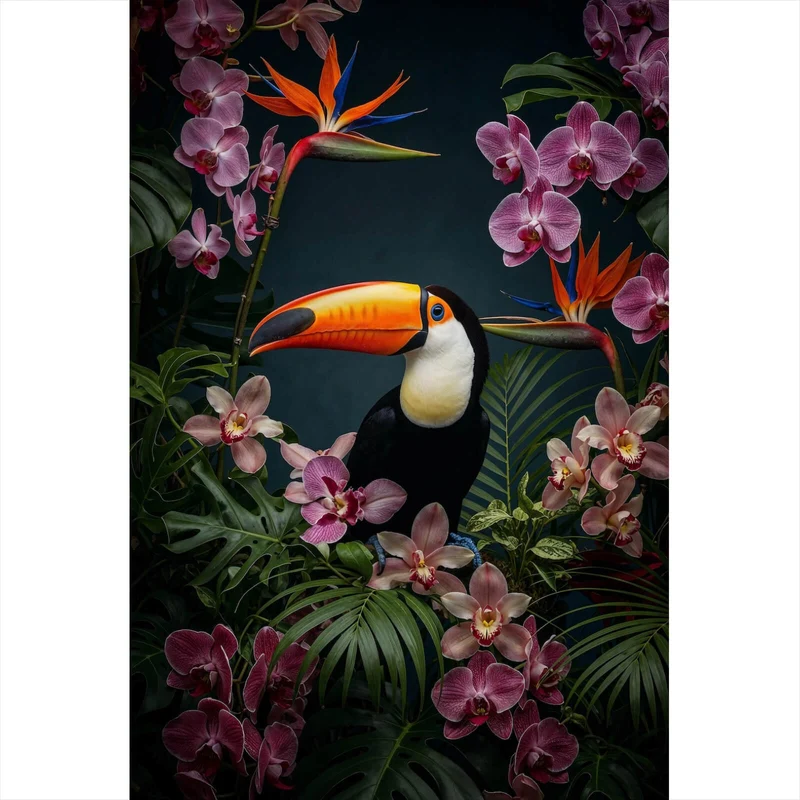 Spannrahmenbild Exotischer Vogel mit tropischen Pflanzen Hochformat