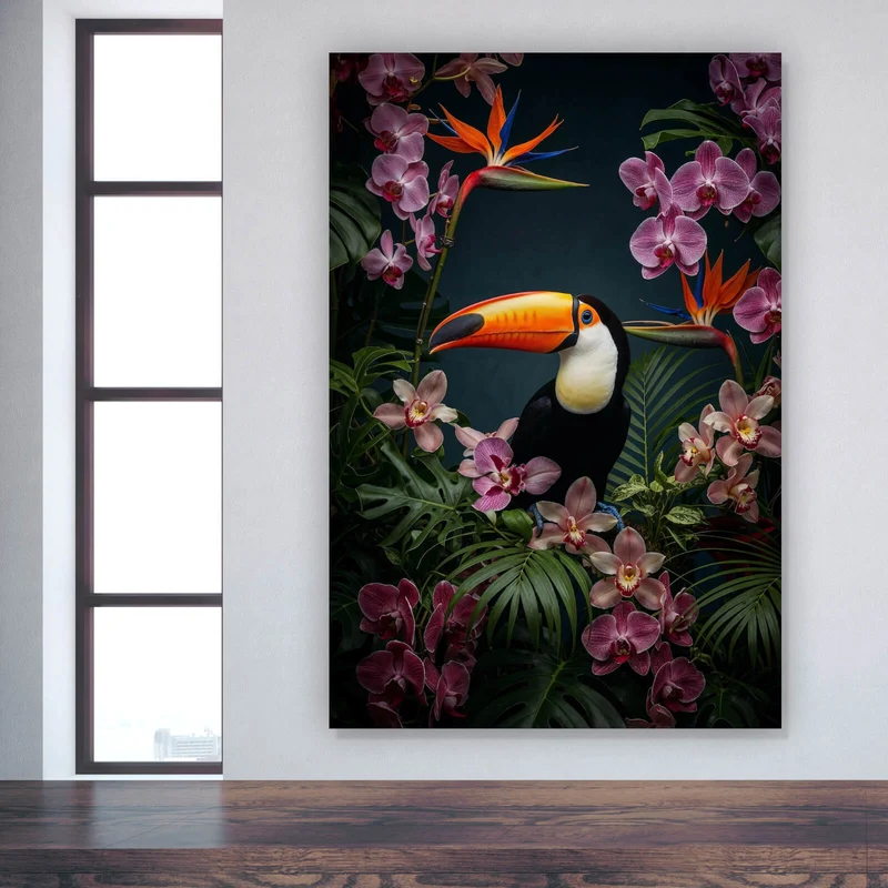 Aluminiumbild gebürstet Exotischer Vogel mit tropischen Pflanzen Hochformat