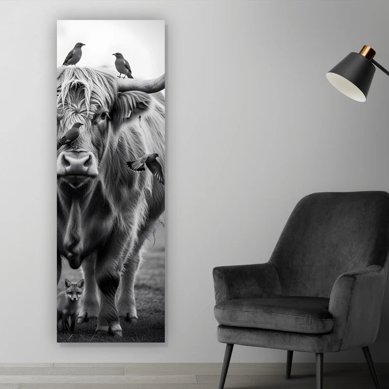 Poster Hochlandrind mit Vögeln und Fuchs Panorama Hoch