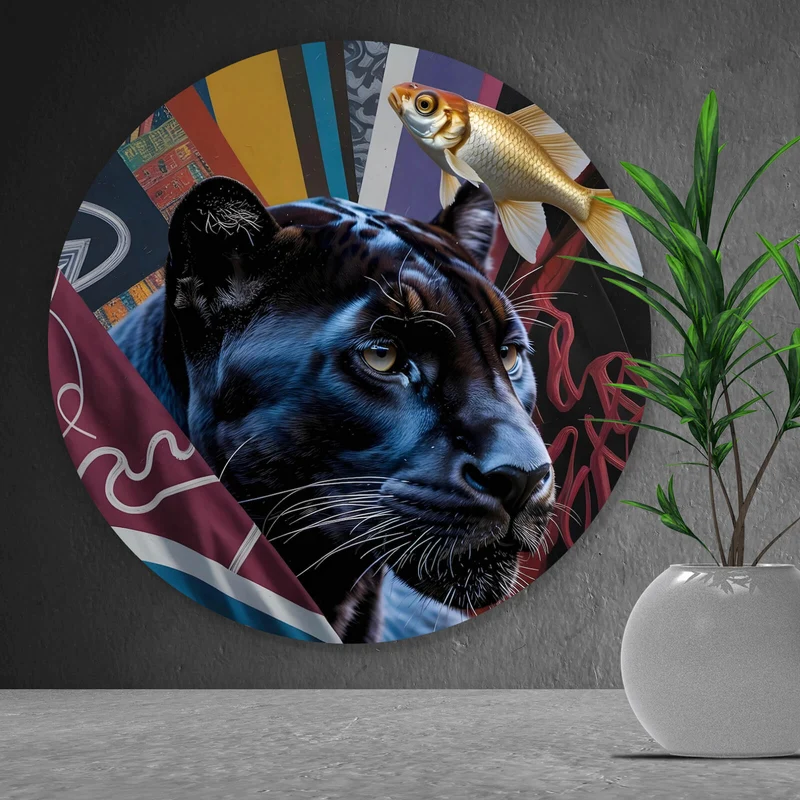 Aluminiumbild Panther und Fische modern Kreis
