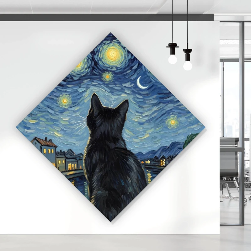 Acrylglasbild Eindrucksvolle Katze unter Sternenhimmel Raute