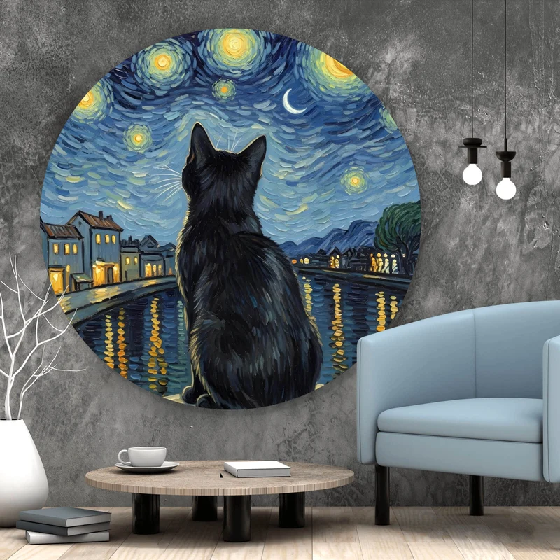 Aluminiumbild gebürstet Eindrucksvolle Katze unter Sternenhimmel Kreis