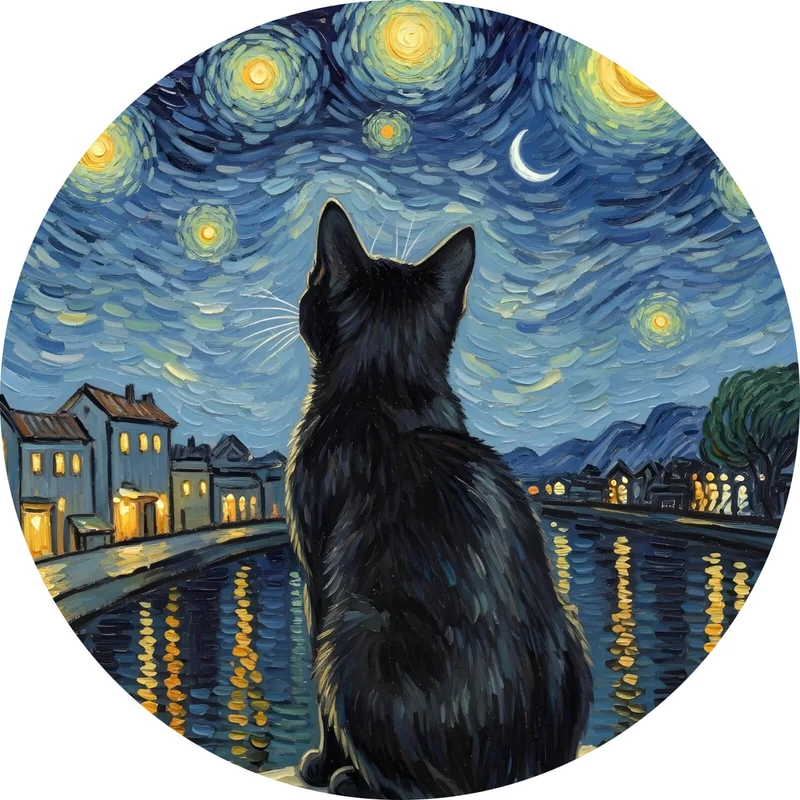 Aluminiumbild Eindrucksvolle Katze unter Sternenhimmel Kreis