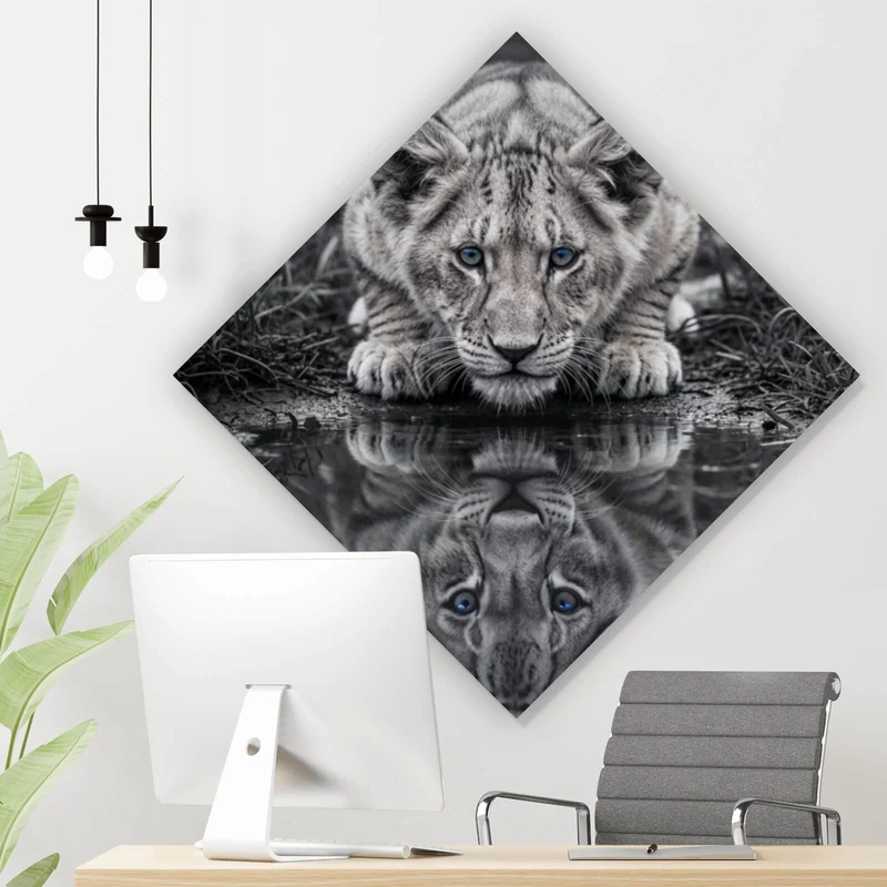 Aluminiumbild Eindrucksvolles Löwenjunges Spiegelbild Raute