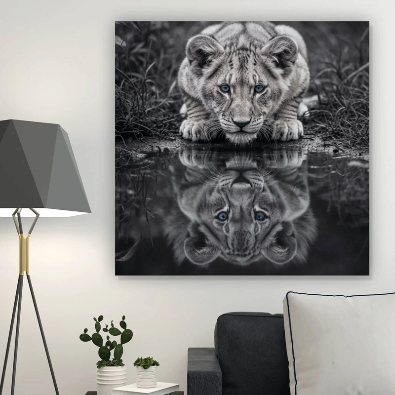 Spannrahmenbild Eindrucksvolles Löwenjunges Spiegelbild Quadrat
