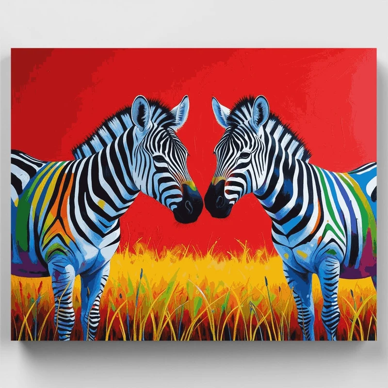 Colorful Zebras on Red Background - Paint by Numbers Kit