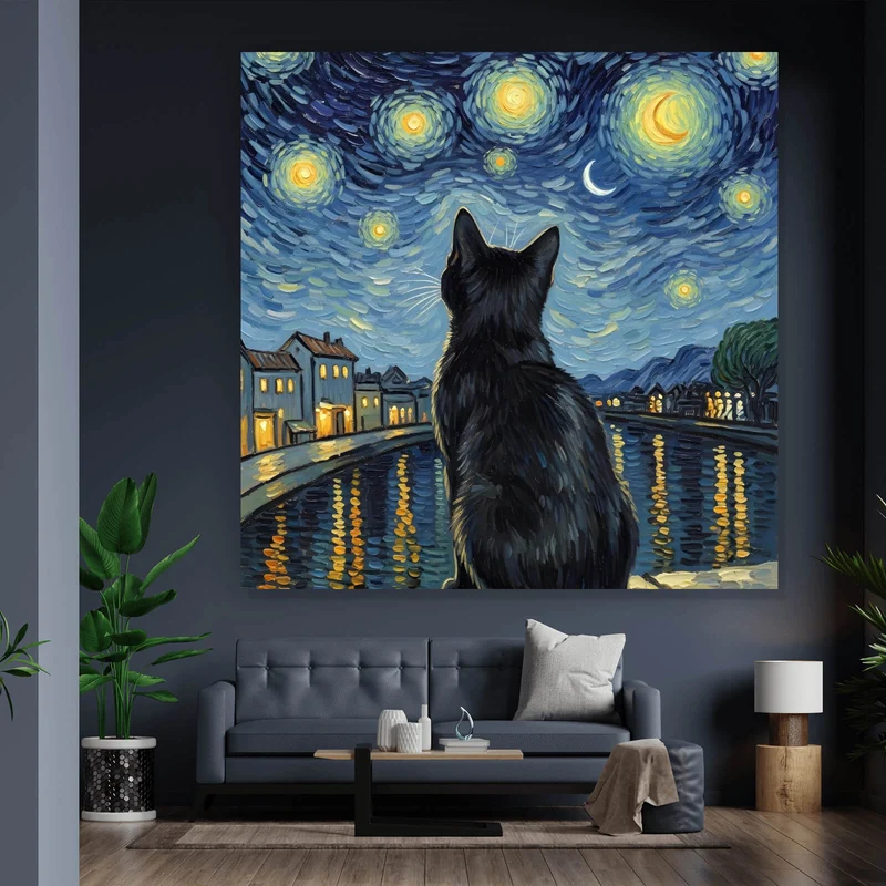 Leinwandbild Eindrucksvolle Katze unter Sternenhimmel Quadrat
