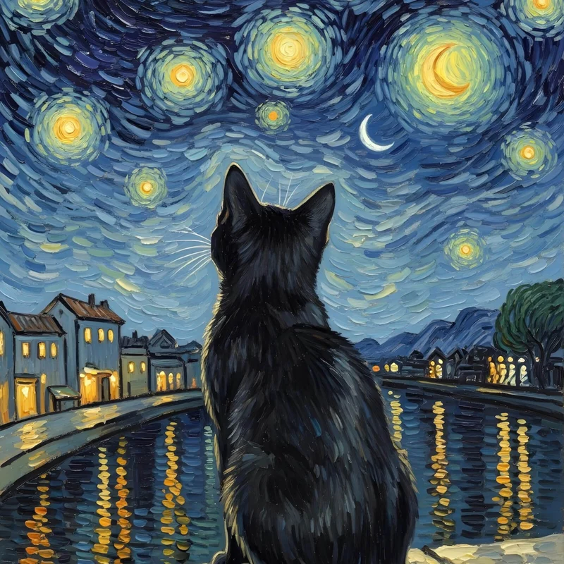 Leinwandbild Eindrucksvolle Katze unter Sternenhimmel Quadrat