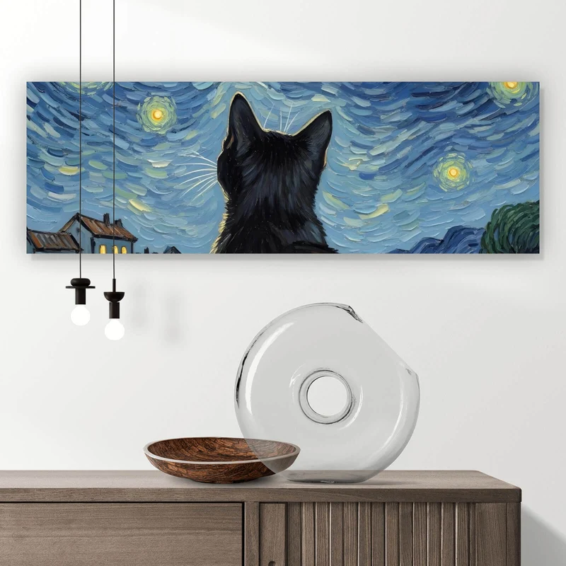 Aluminiumbild gebürstet Eindrucksvolle Katze unter Sternenhimmel Panorama