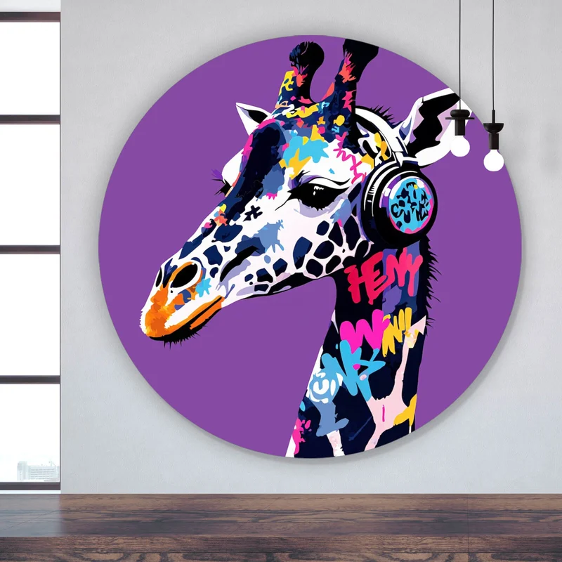 Aluminiumbild gebürstet Moderne Giraffe mit Kopfhörern Kunst Kreis