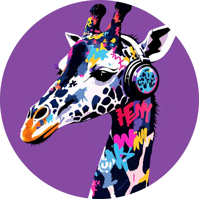 Aluminiumbild Moderne Giraffe mit Kopfhörern Kunst Kreis