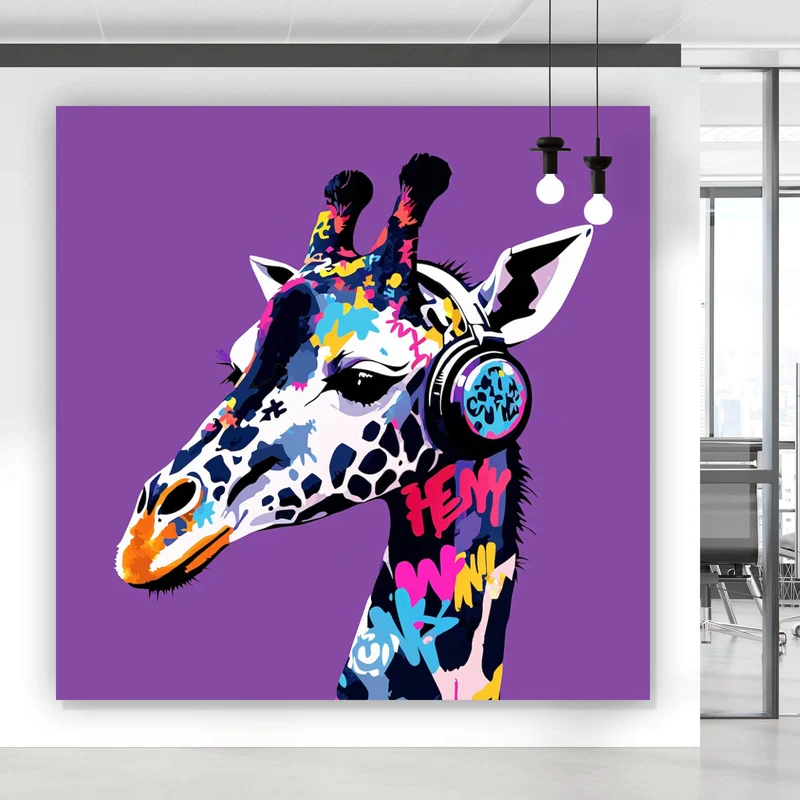 Acrylglasbild Moderne Giraffe mit Kopfhörern Kunst Quadrat