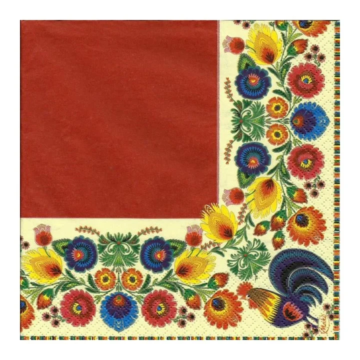 Folk Cocks Red & Cream Eco Decoupage Napkin - 1 pc