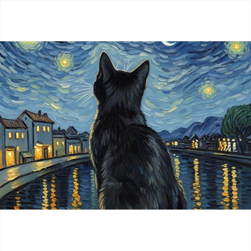 Acrylglasbild Eindrucksvolle Katze unter Sternenhimmel Querformat