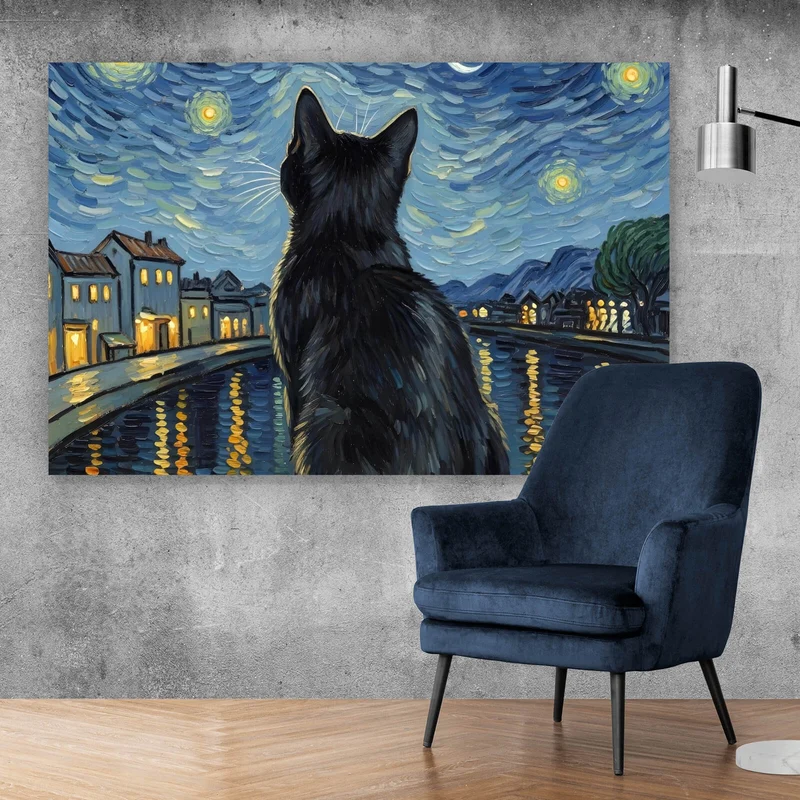 Leinwandbild Eindrucksvolle Katze unter Sternenhimmel Querformat