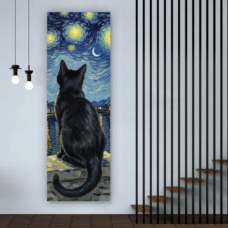 Acrylglasbild Eindrucksvolle Katze unter Sternenhimmel Panorama Hoch