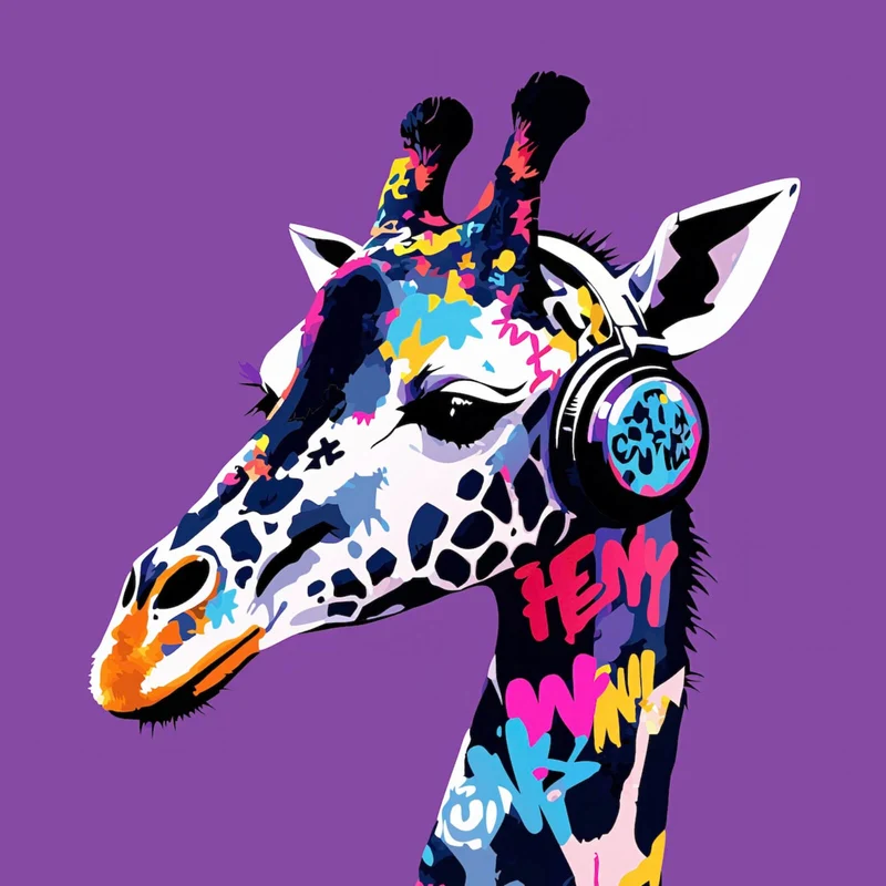 Aluminiumbild Moderne Giraffe mit Kopfhörern Kunst Quadrat