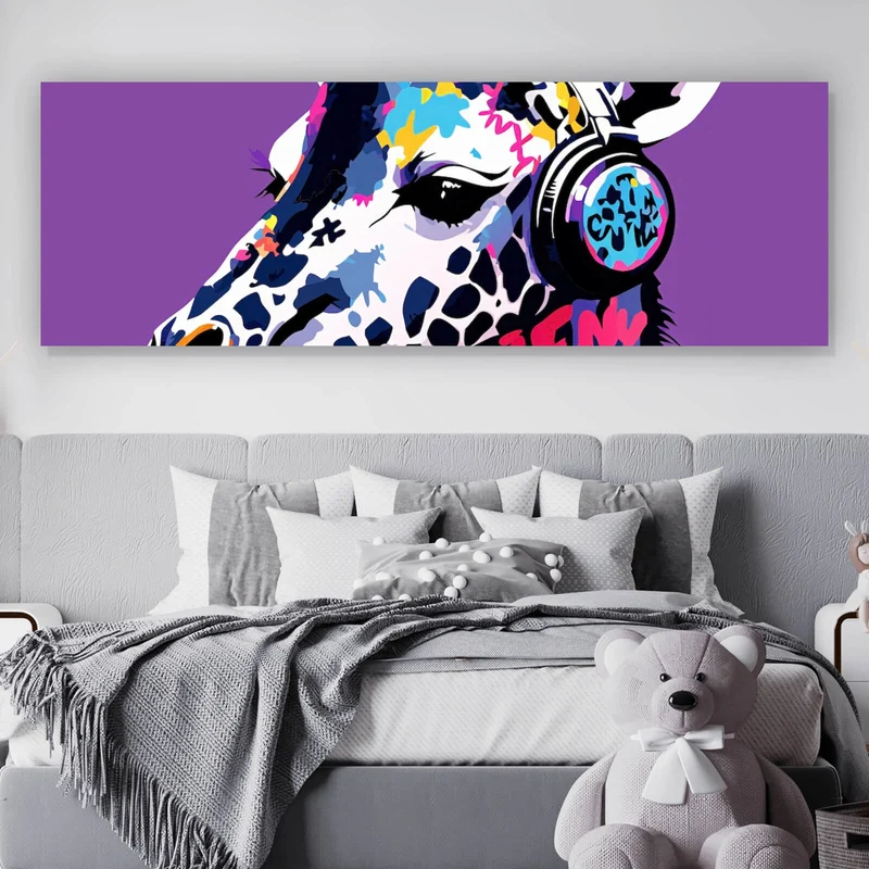 Acrylglasbild Moderne Giraffe mit Kopfhörern Kunst Panorama