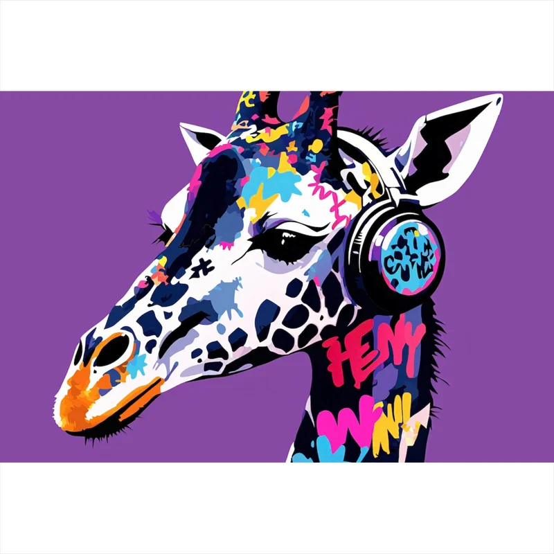 Spannrahmenbild Moderne Giraffe mit Kopfhörern Kunst Querformat