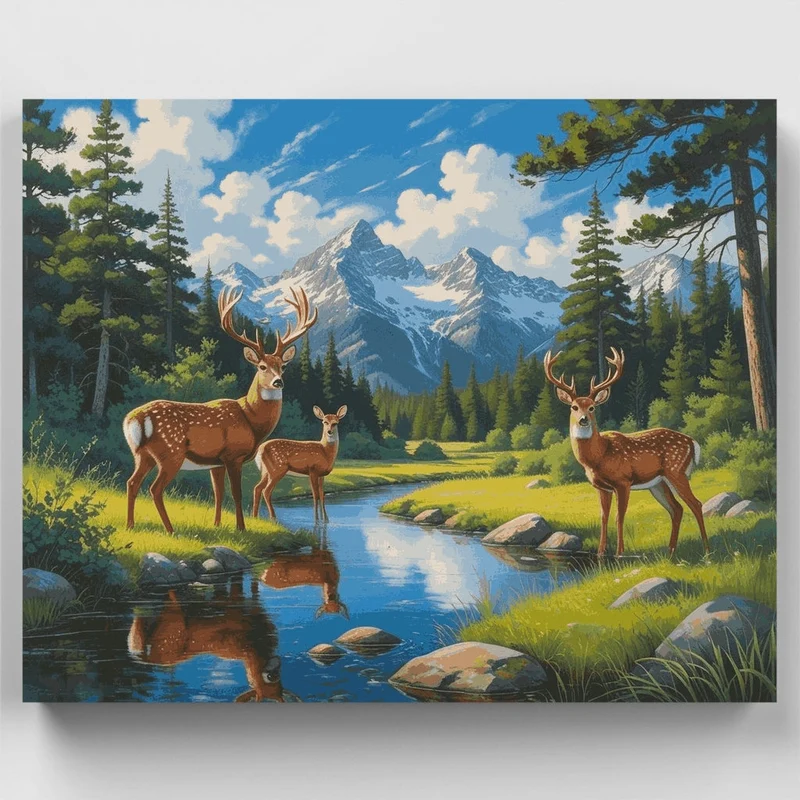 Deer Family by Mountain Stream - Paint by Numbers Kit