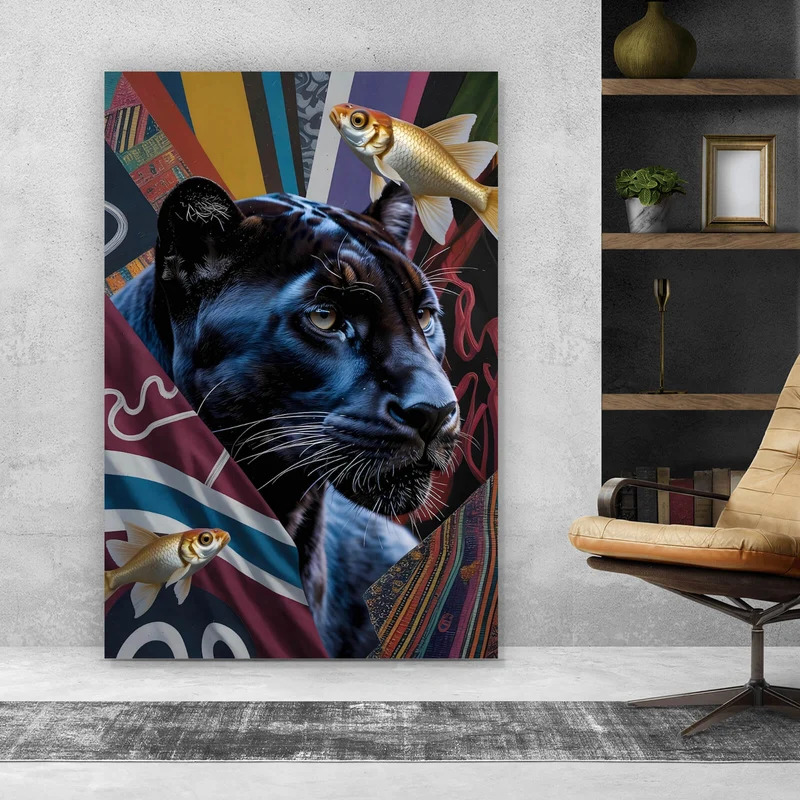 Acrylglasbild Panther und Fische modern Hochformat