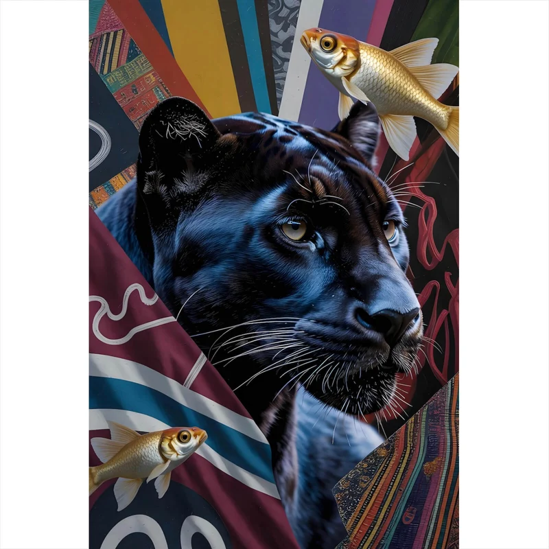 Leinwandbild Panther und Fische modern Hochformat