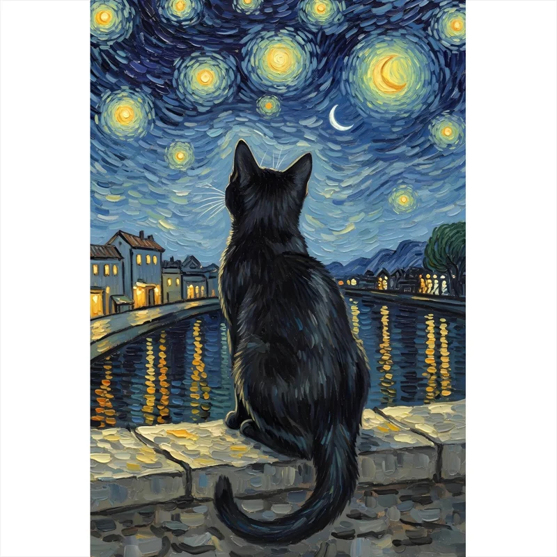 Aluminiumbild Eindrucksvolle Katze unter Sternenhimmel Hochformat