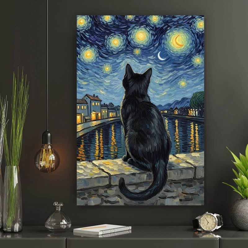Leinwandbild Eindrucksvolle Katze unter Sternenhimmel Hochformat
