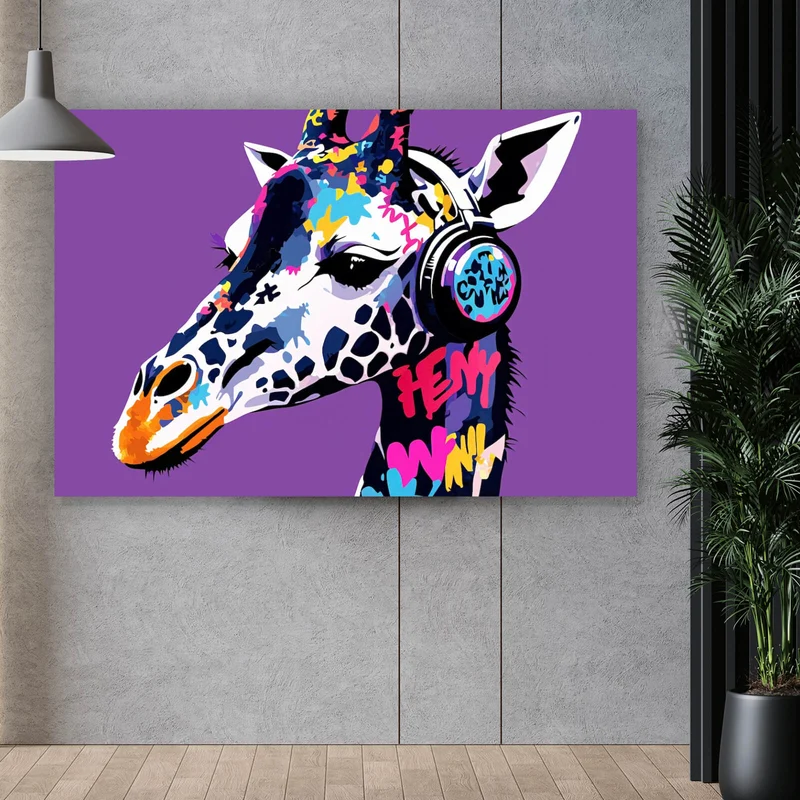 Aluminiumbild Moderne Giraffe mit Kopfhörern Kunst Querformat