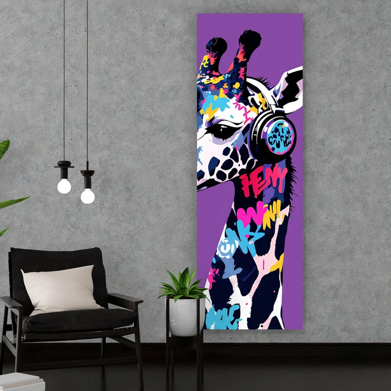 Acrylglasbild Moderne Giraffe mit Kopfhörern Kunst Panorama Hoch