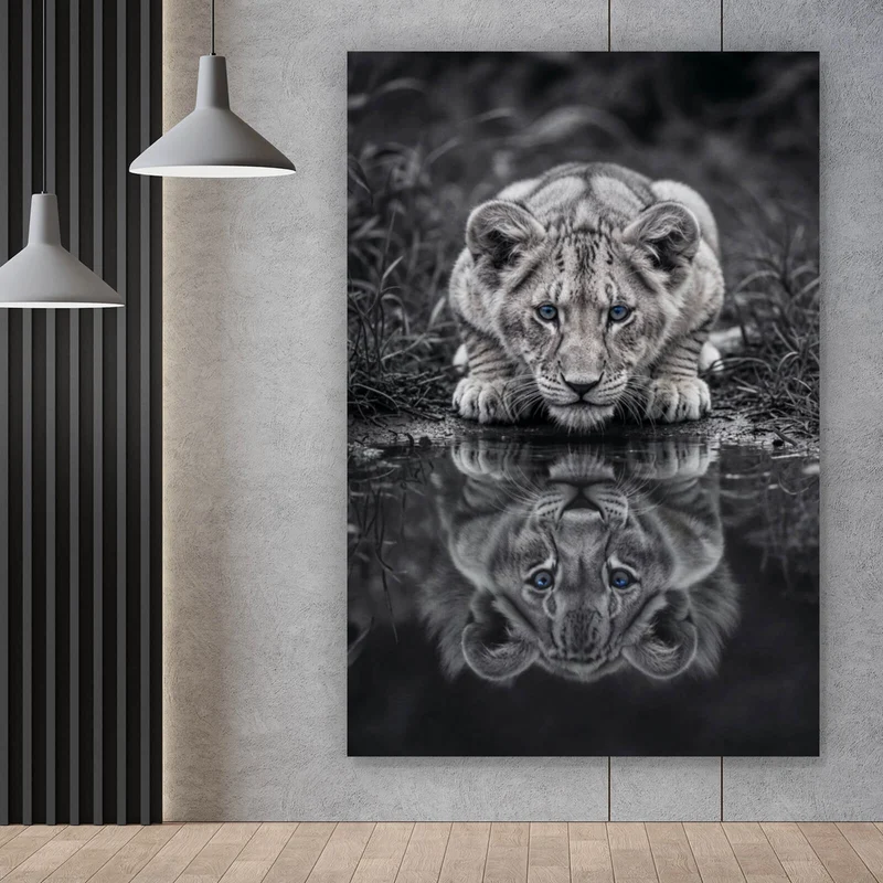Aluminiumbild gebürstet Eindrucksvolles Löwenjunges Spiegelbild Hochformat