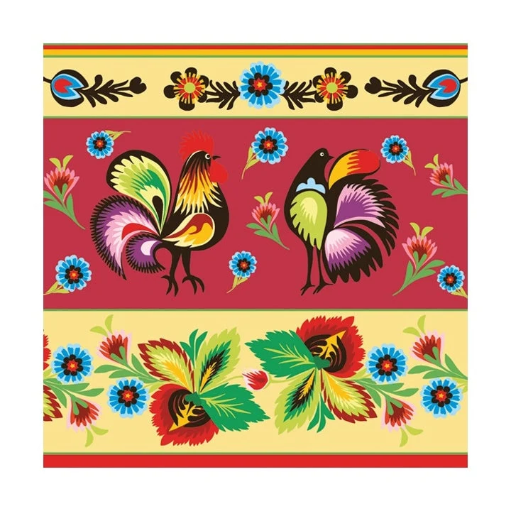 Folklore Roosters Cream & Red Decoupage Napkin, 1 pc