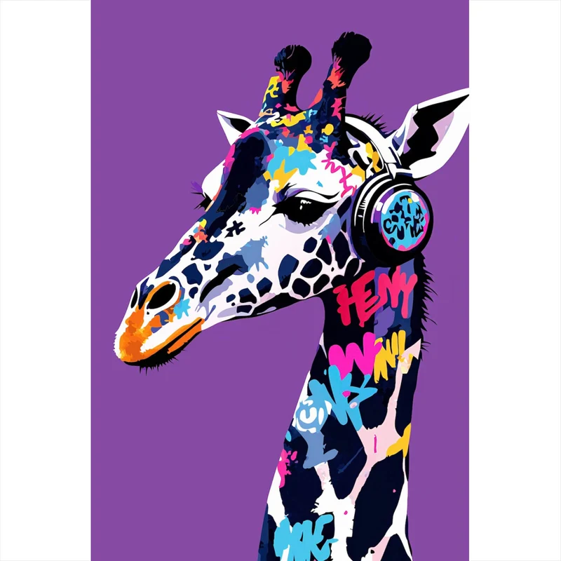 Aluminiumbild gebürstet Moderne Giraffe mit Kopfhörern Kunst Hochformat
