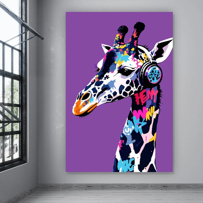 Poster Moderne Giraffe mit Kopfhörern Kunst Hochformat