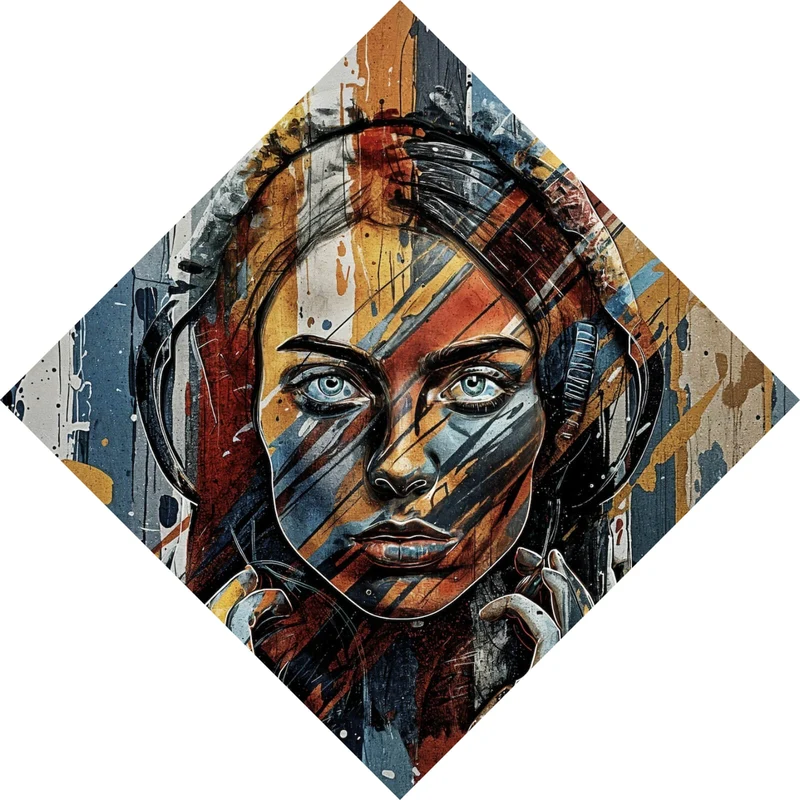 Acrylglasbild Abstraktes Frauenporträt mit Kopfhörern Raute