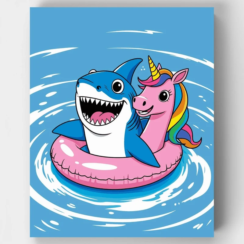 Shark and Unicorn Pool Float Adventure - Paint by Numbers Kit