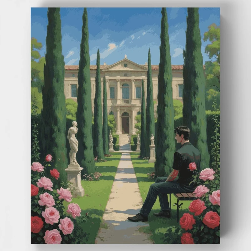 Villa Garden with Cypress Trees and Roses - Paint by Numbers Kit