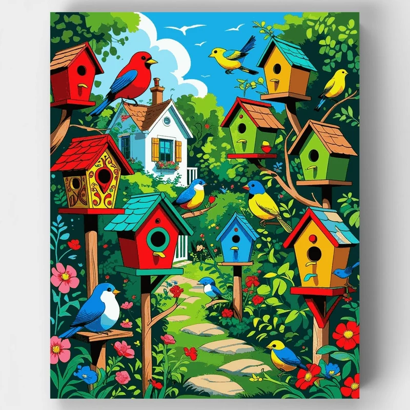 Colorful Birdhouse Village Garden - Paint by Numbers Kit