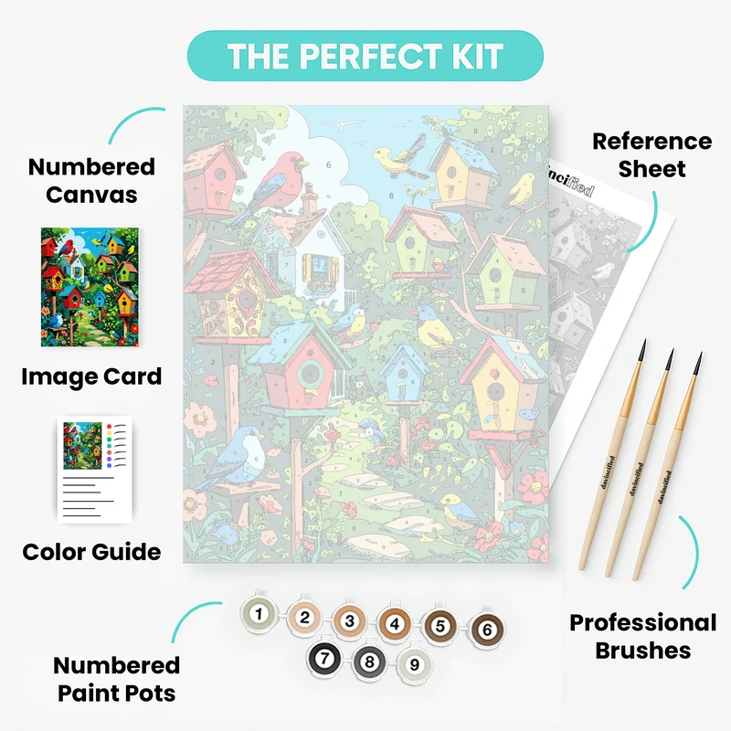 Colorful Birdhouse Village Garden - Paint by Numbers Kit