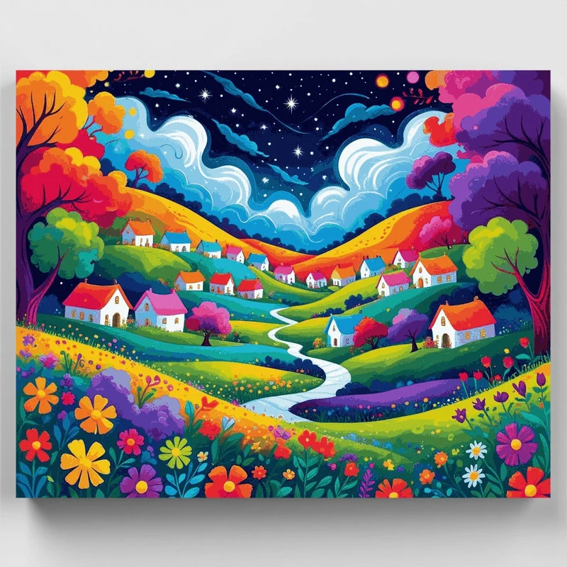 Whimsical Village Under Starry Sky - Paint by Numbers Kit