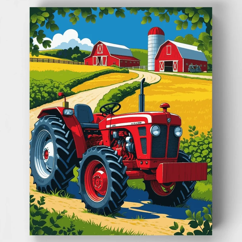 Red Tractor Farm Scene - Paint by Numbers Kit