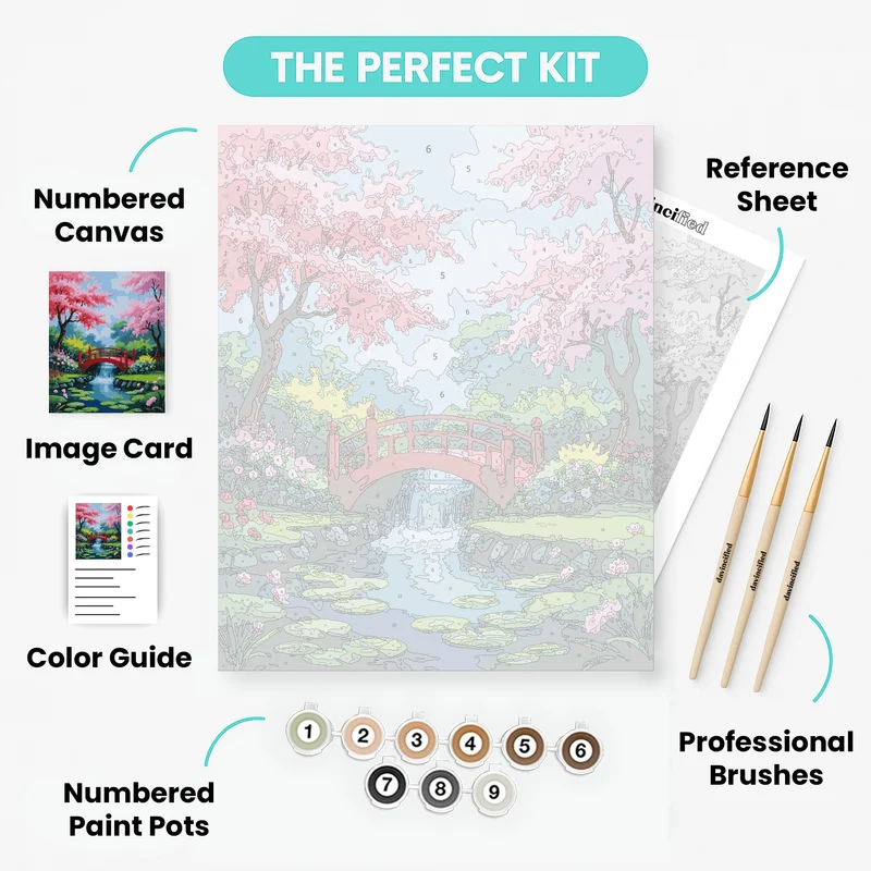 Japanese Garden Bridge with Cherry Blossoms - Paint by Numbers Kit