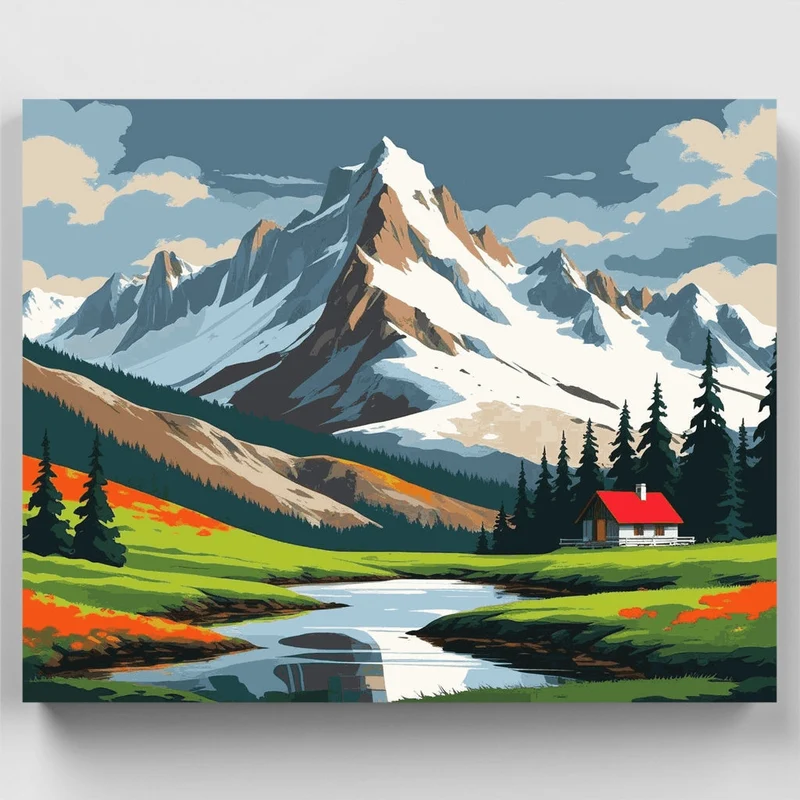Alpine Valley with Red Roof Cabin - Paint by Numbers Kit