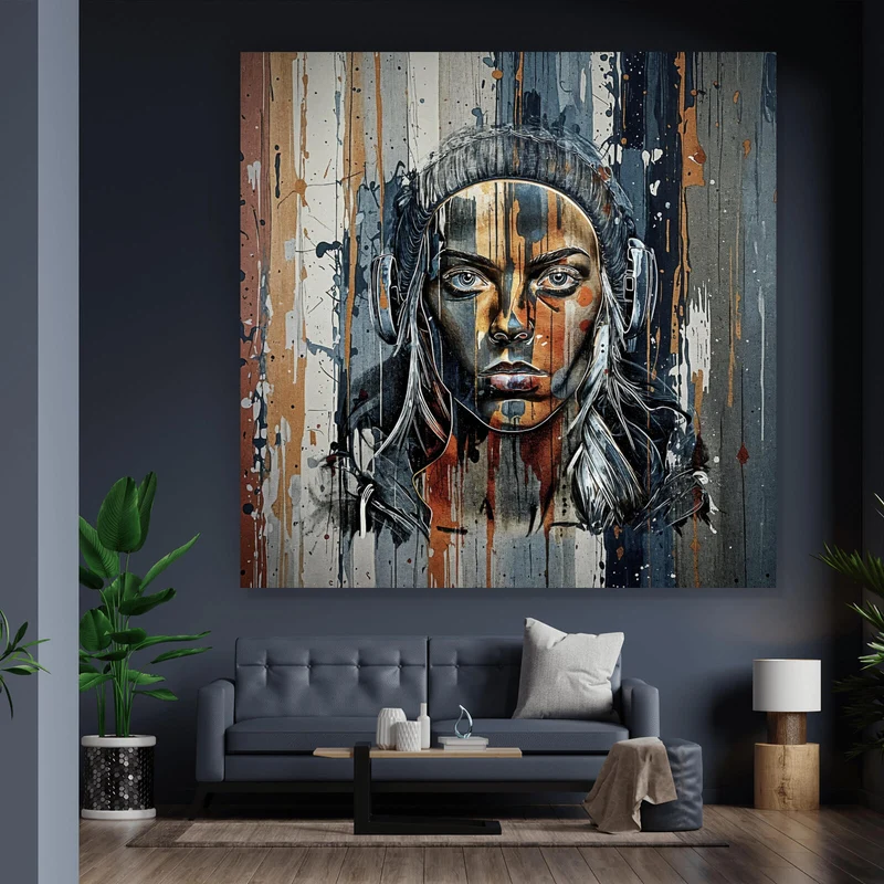 Acrylglasbild Modernes Porträt mit Kopfhörern Quadrat